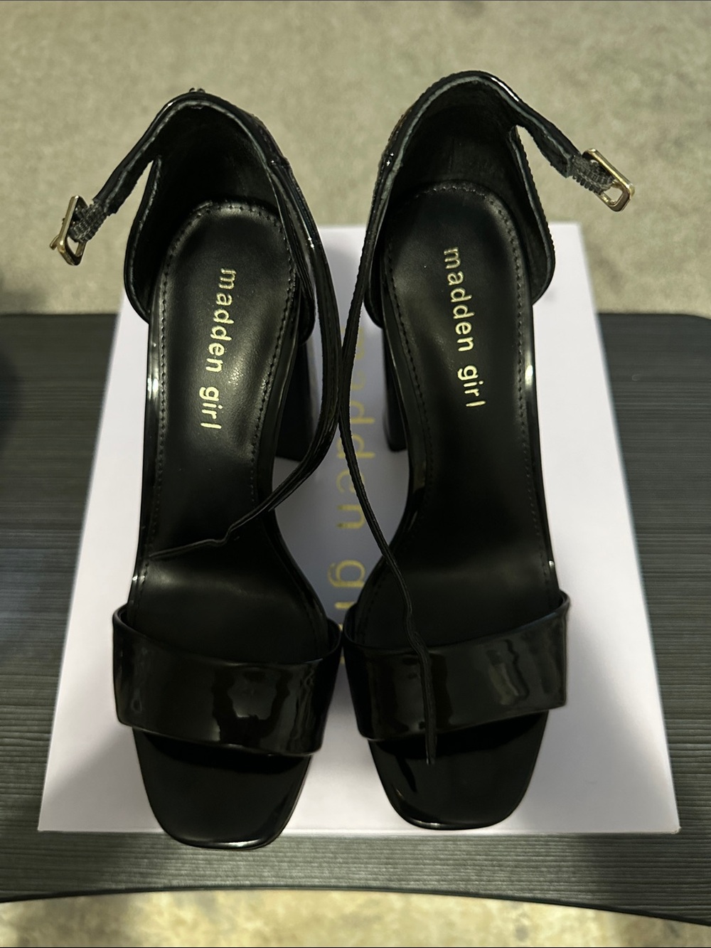 Madden Girl Black Patent Ankle-Strap Block Heels